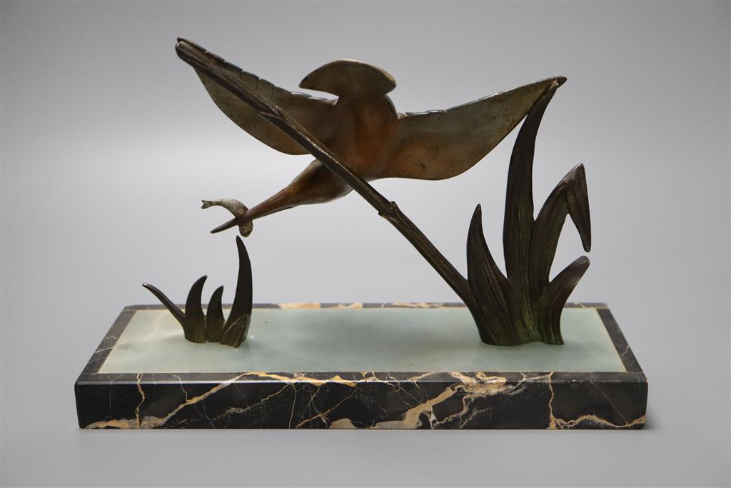 Limousin. An Art Deco bronze kingfisher, on marble plinth, width 30cm